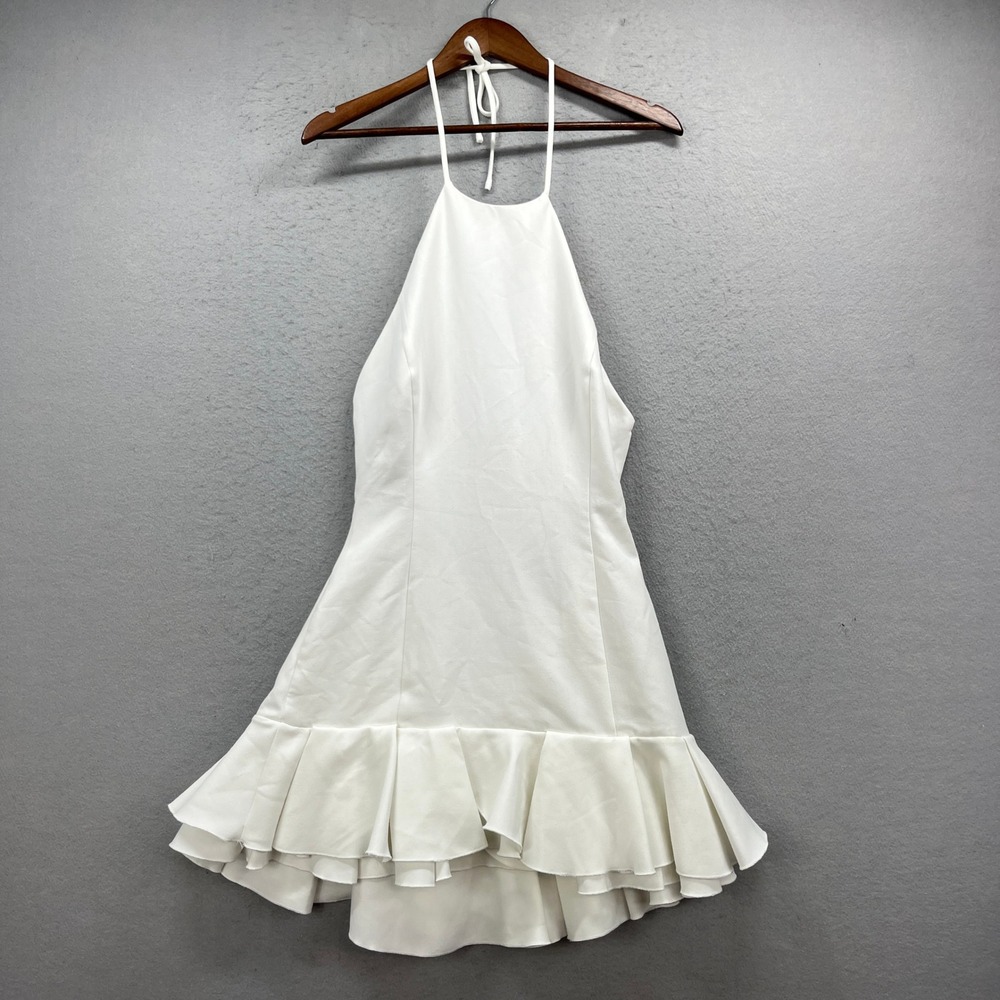 Zara Mini Dress Womens Medium White Halter Ruffle Hem Open Back Party Summer